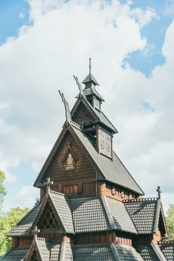 Old wooden church under bright sunlight